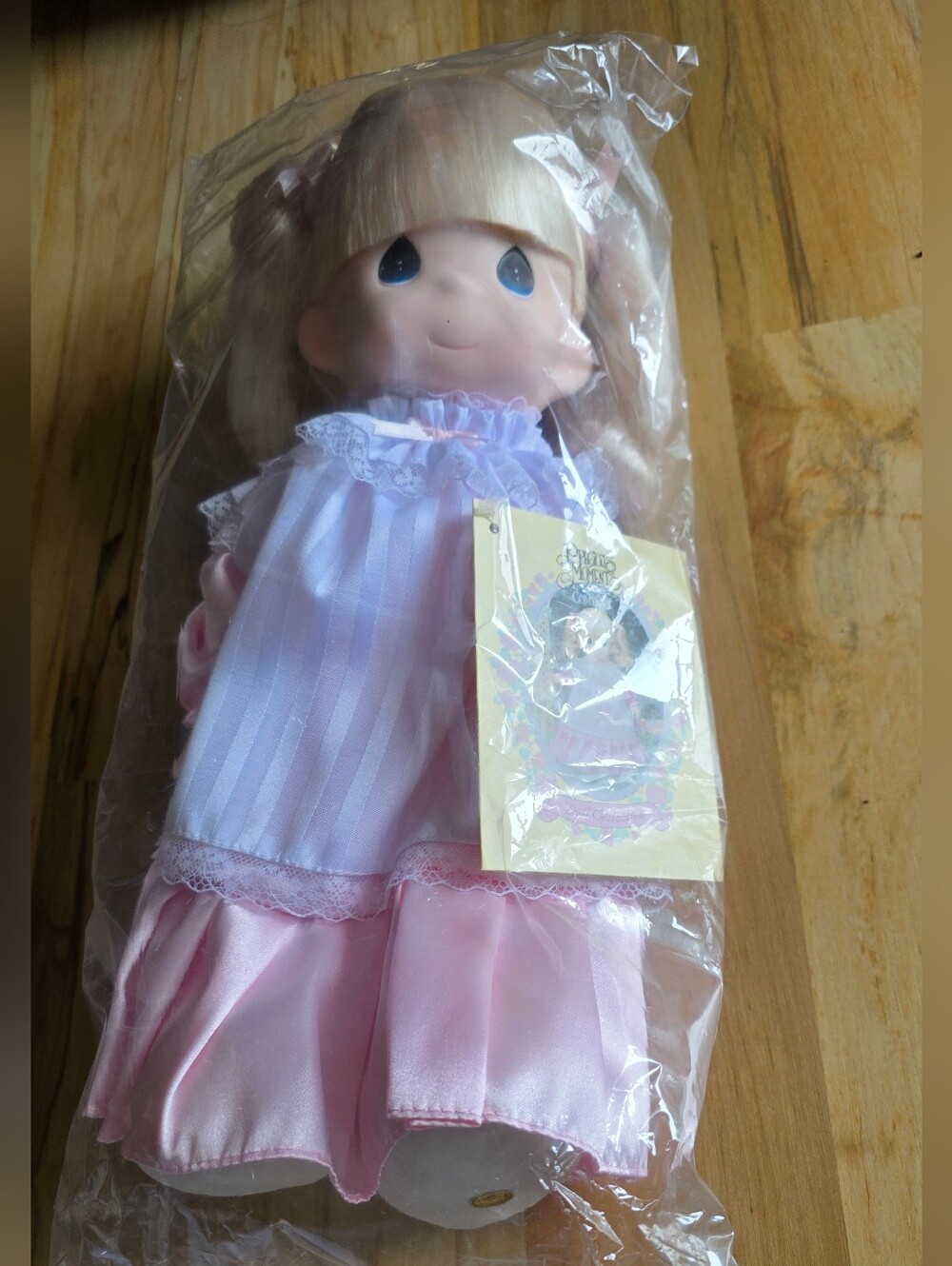New Vintage Precious Moments Blonde Doll in Pink and White Dress